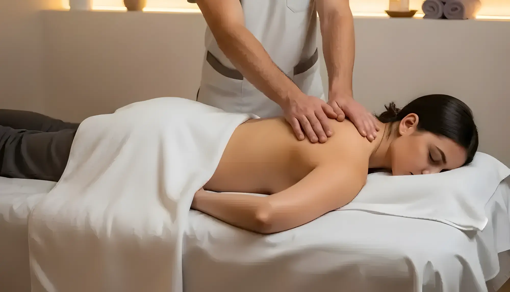 Professional masseur applying pressure to back in a calm spa setting.