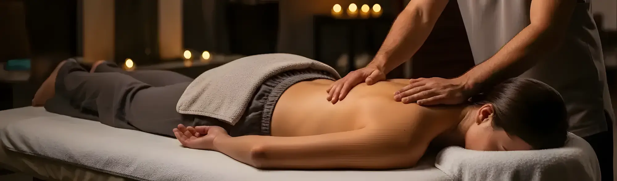 Back massage therapy with warm lighting and soothing spa ambiance.