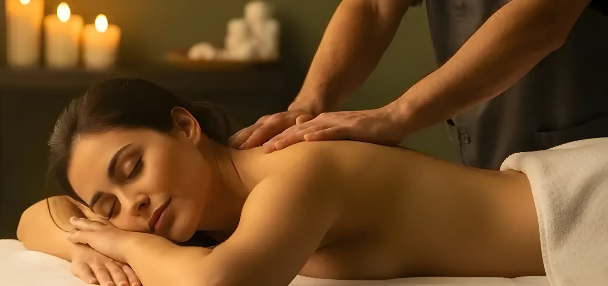 Relaxing spa massage with candles glowing softly in the background.