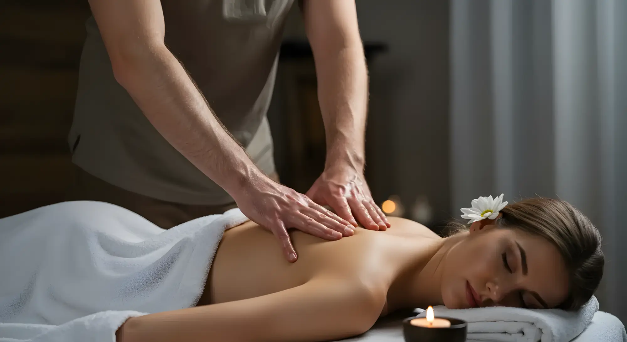 Relaxing back massage with white flower in hair and soft lighting.