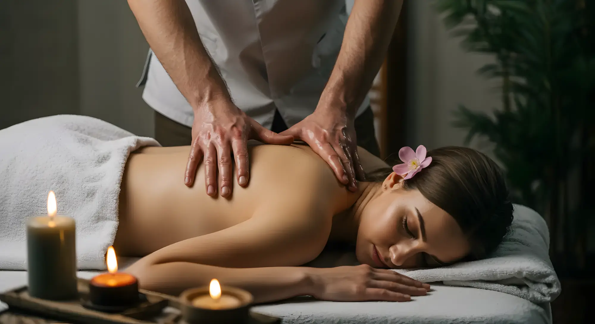 Soothing spa massage with flower in hair and burning candles nearby.