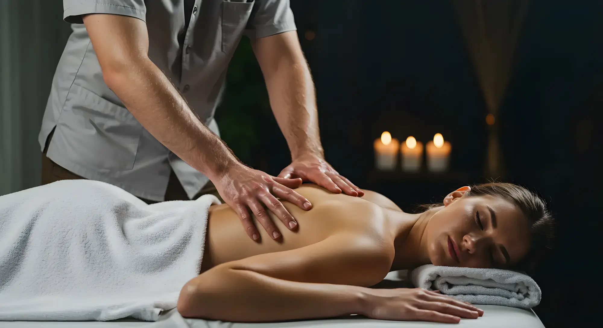 Professional massage therapy in dimly lit spa with calming candlelight.