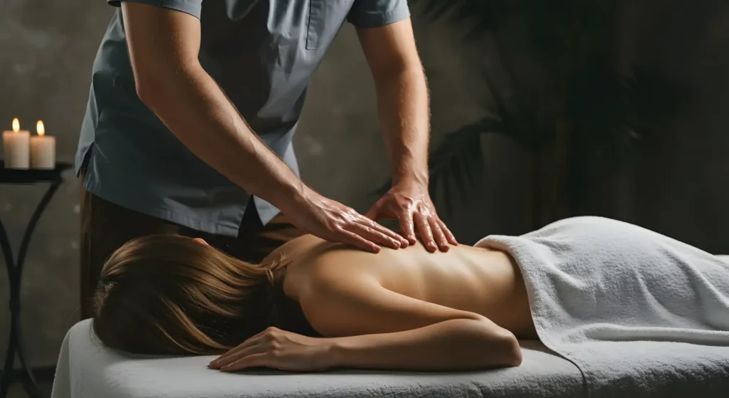 Woman lying under white towel during back massage in relaxing spa.