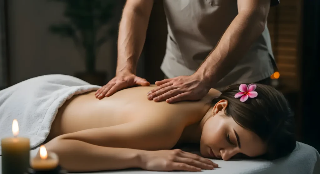 Woman receiving a relaxing massage with pink flower in her hair.