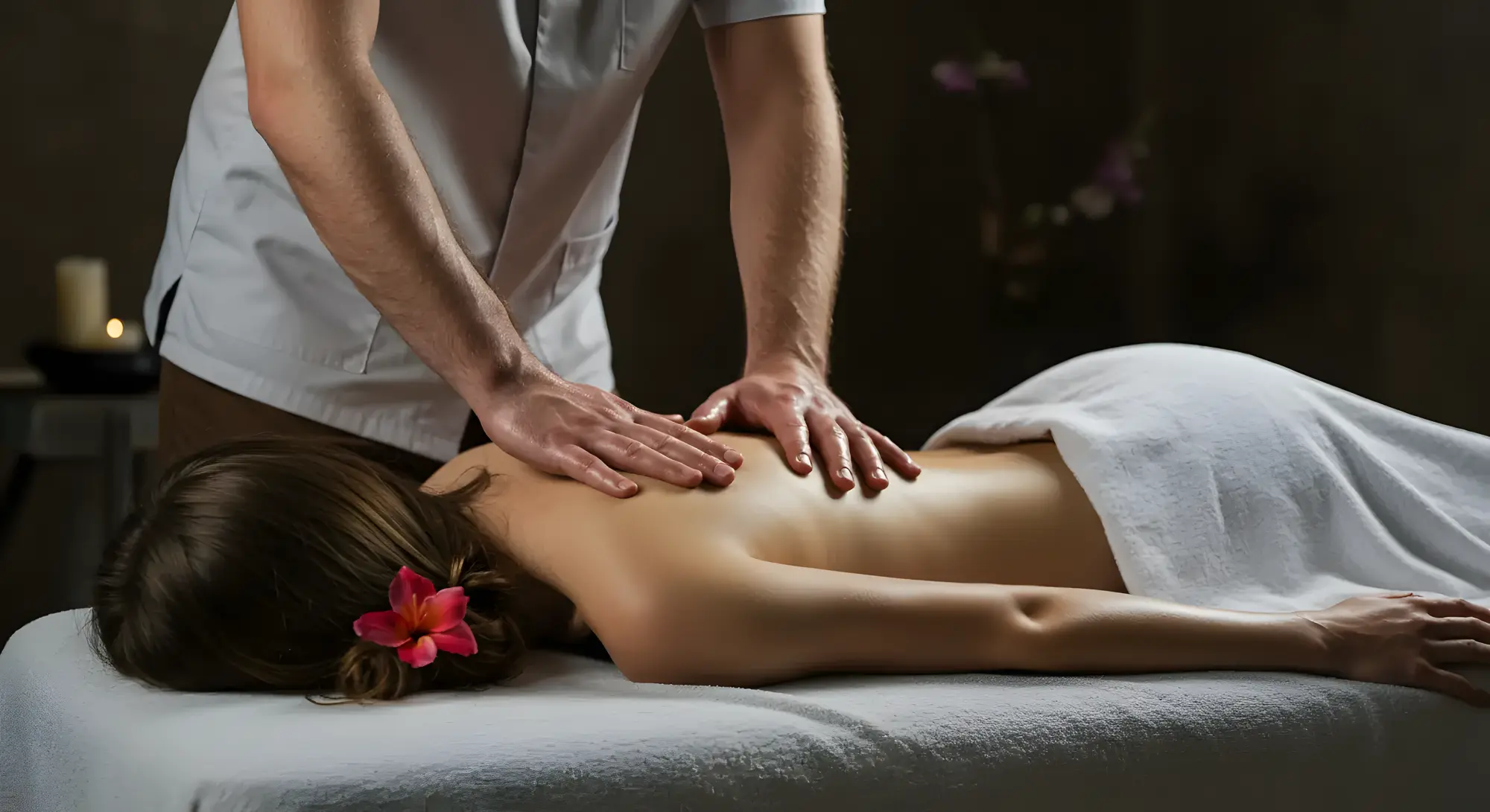 Massage therapist providing relaxation in spa with flower and candles.