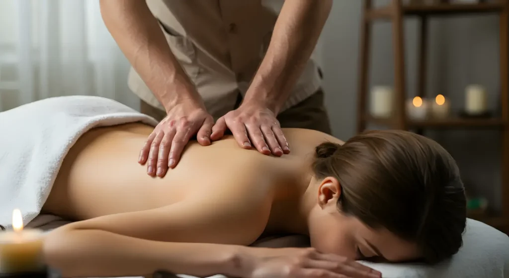Therapist performing massage with flower accessory on client’s hair.
