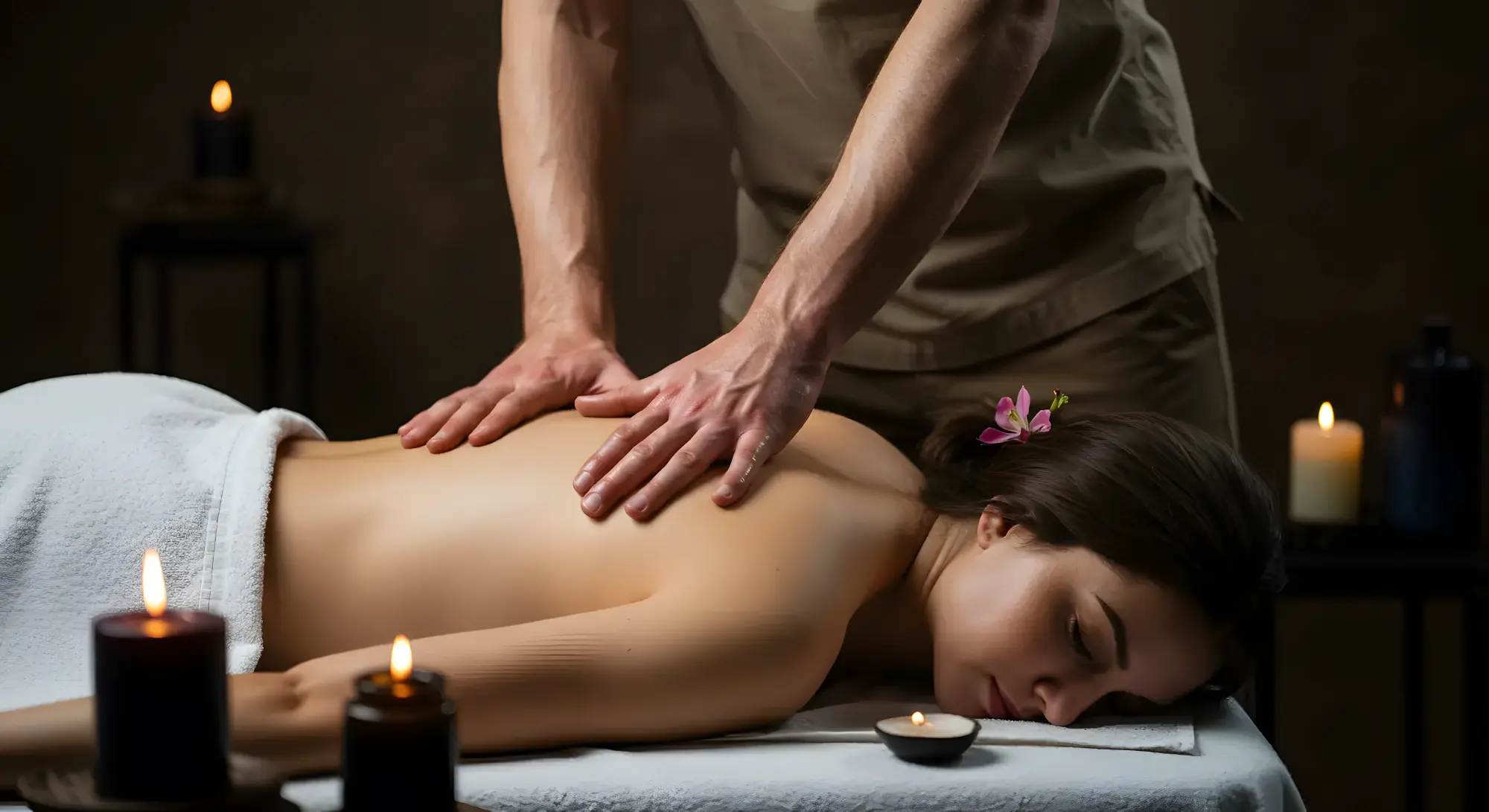 Spa massage therapy with peaceful atmosphere and glowing candles nearby.