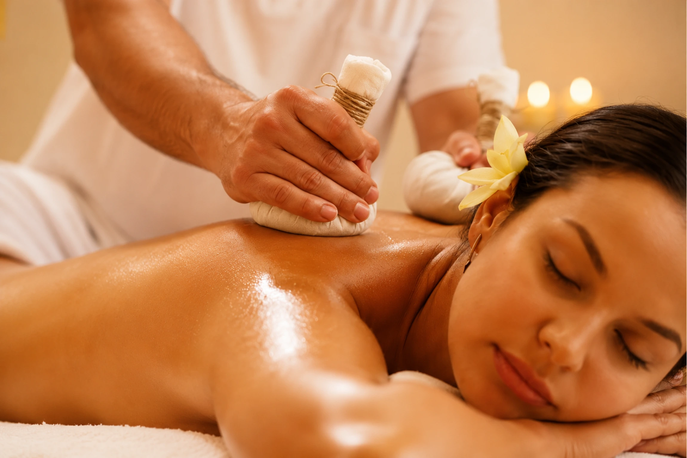 Woman receiving a warm herbal compress massage during relaxing spa treatment